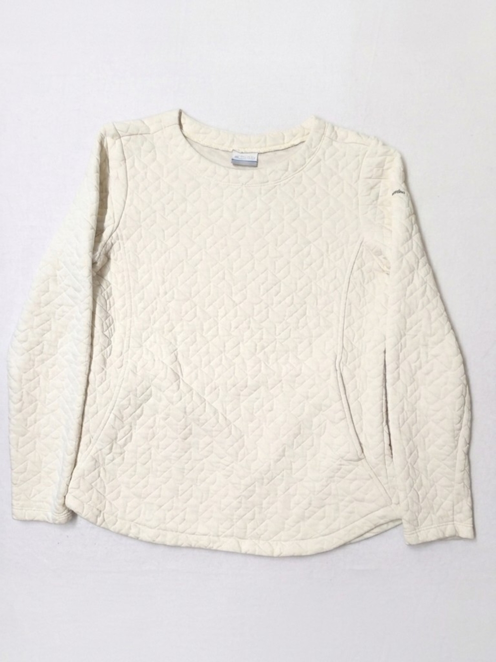 Columbia Lodge Quilted Crewneck Sweatshirt Cream Beige Pullover Pockets Size M